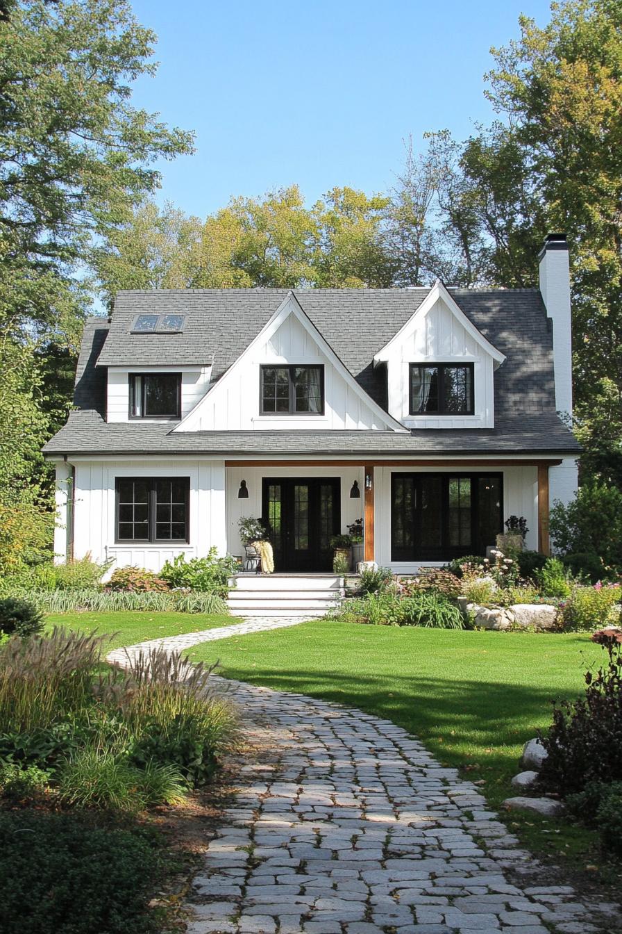 Charming house with a gabled roof and a stone path