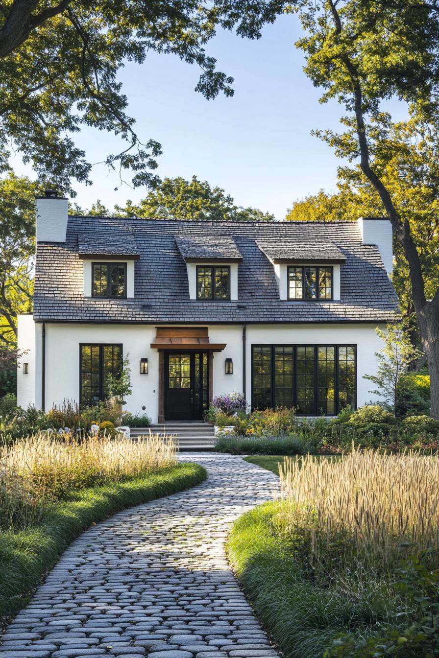 White house with dark roof surrounded by greenery and a stone path