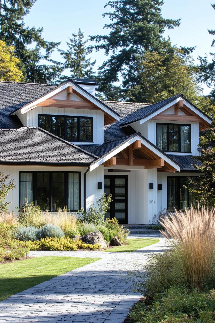 Modern house with gabled roofs in a forest setting