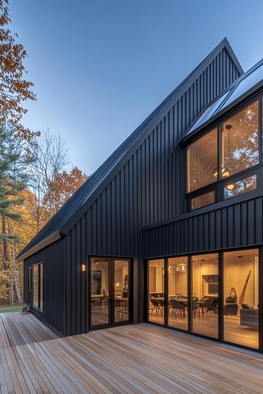 Modern long house with large windows and black exterior