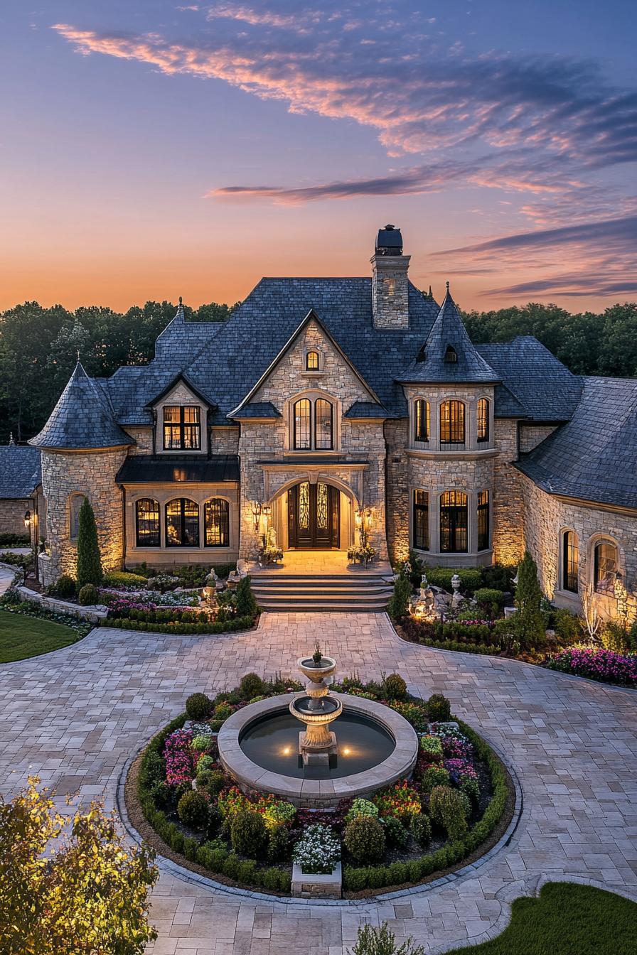 Grand stone mansion with a round fountain, surrounded by gardens and sunset sky