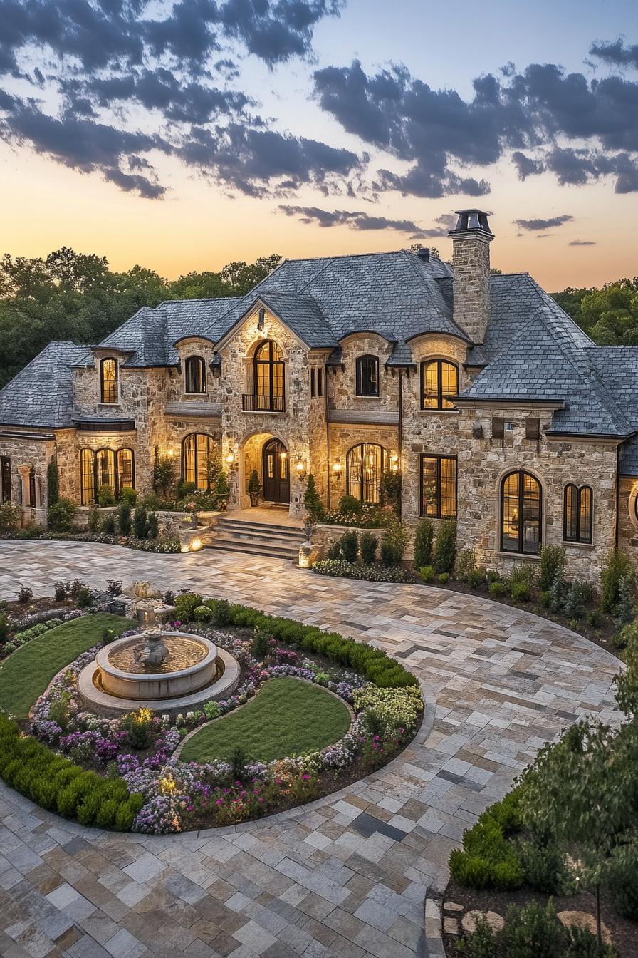 Luxurious stone mansion at dusk with a fountain