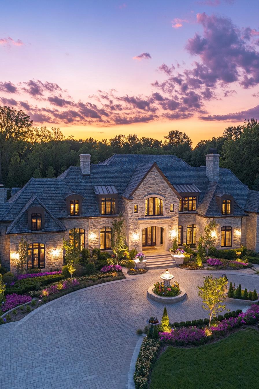 Luxury stone manor at sunset