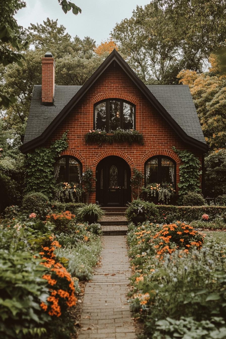 Brick house adorned with ivy, surrounded by vibrant flowers