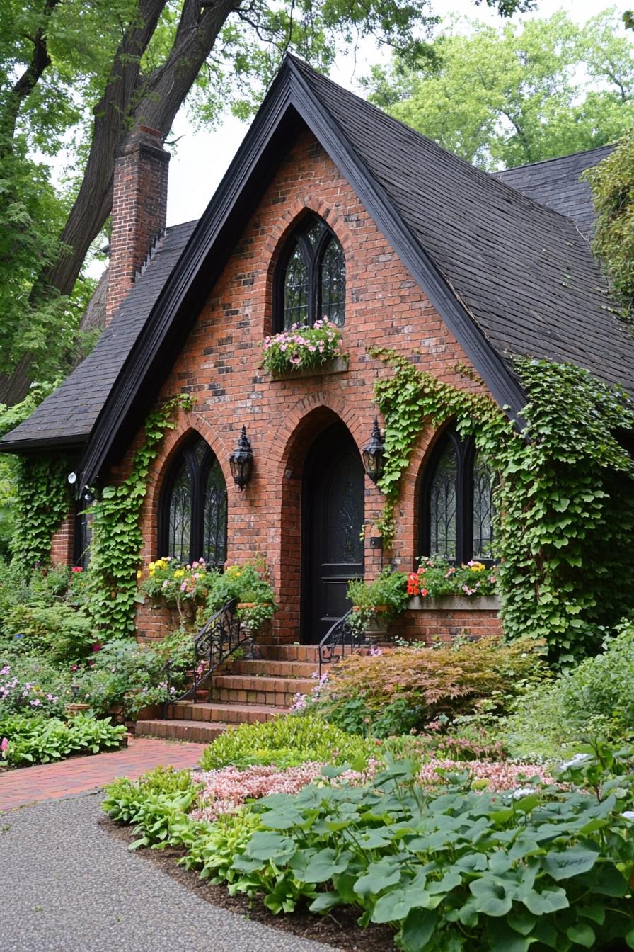 Charming brick home adorned with lush greenery and flowers