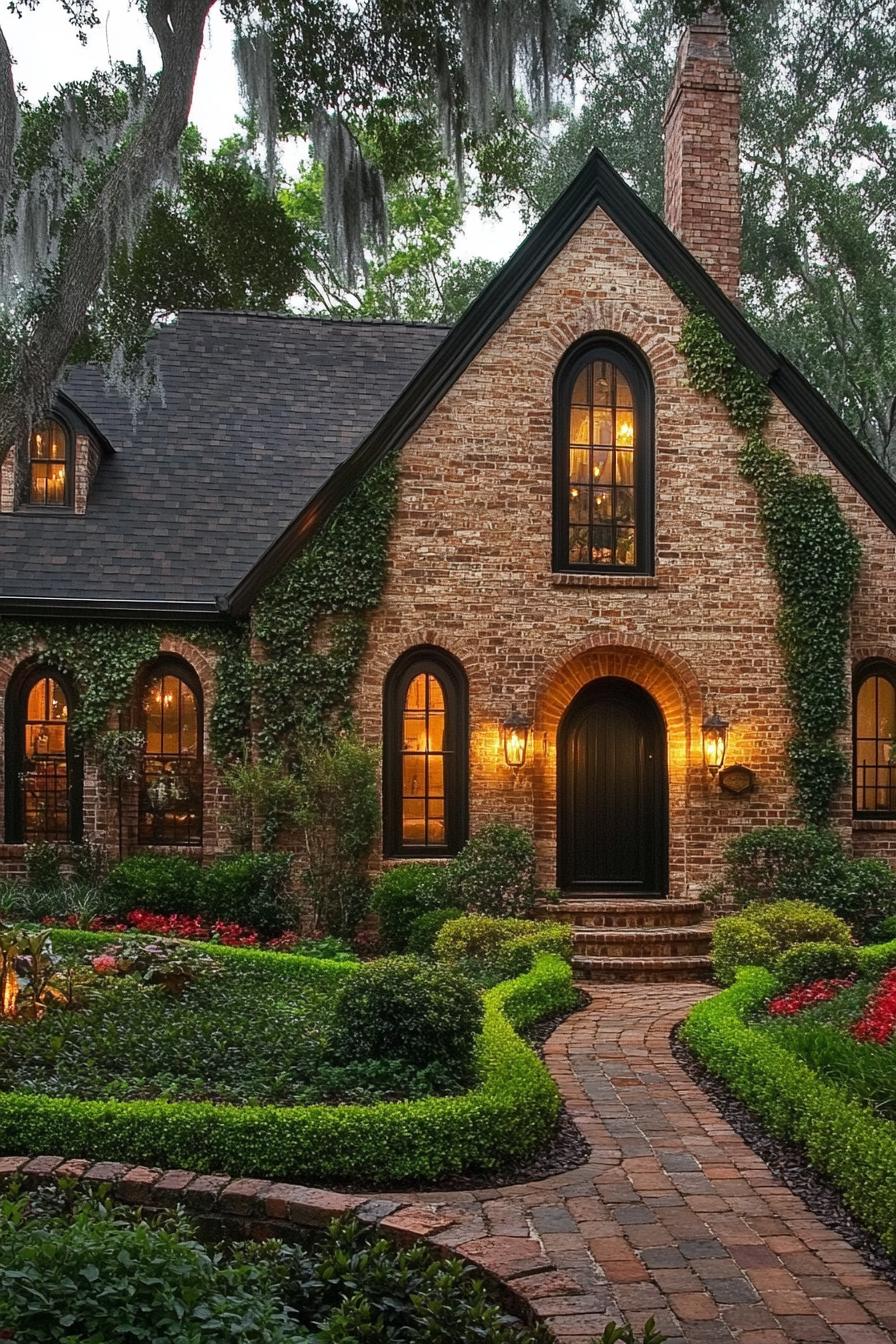 Charming brick home surrounded by lush garden