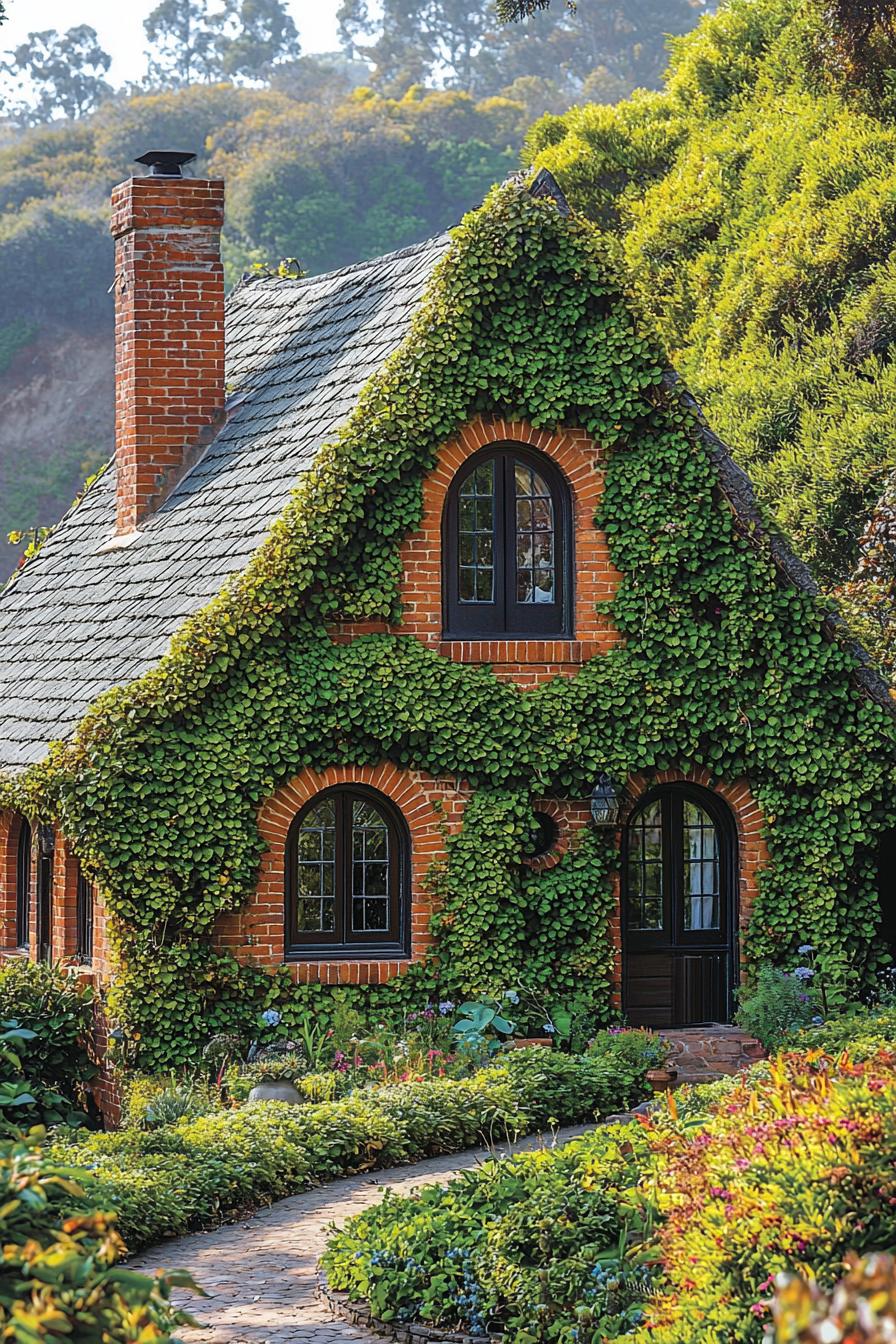 Charming ivy-covered cottage with arched windows and a brick path