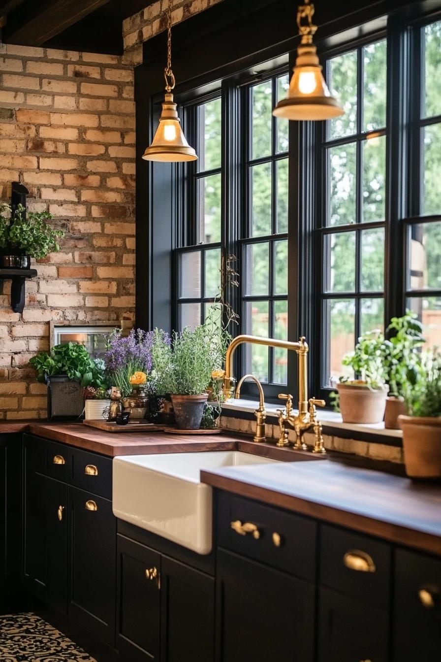 Cozy kitchen corner with plants and warm lighting