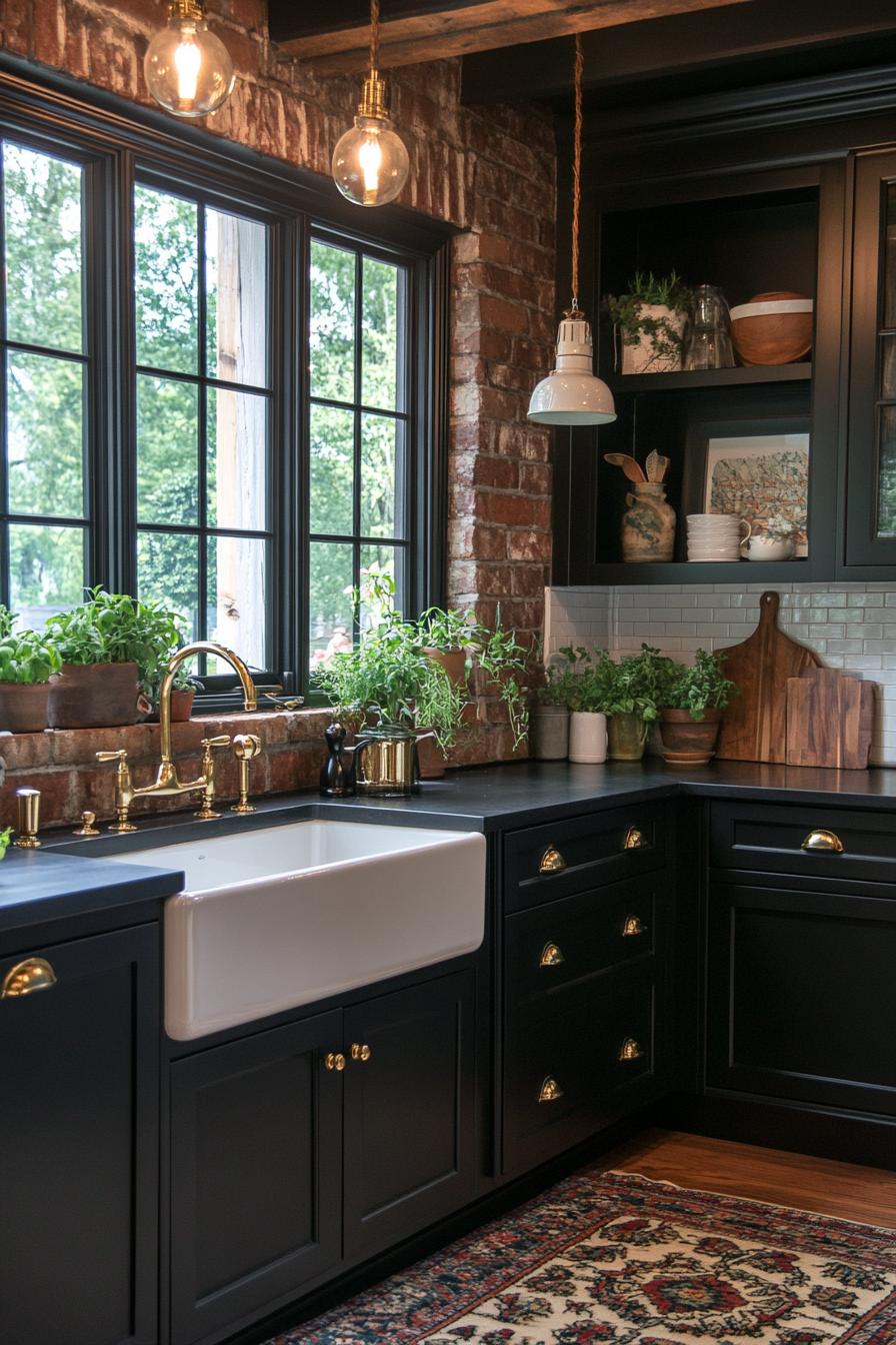 Rustic kitchen with black cabinets and plants