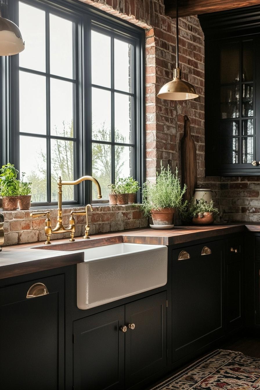 Cozy kitchen corner with brick walls and herbs on the windowsill