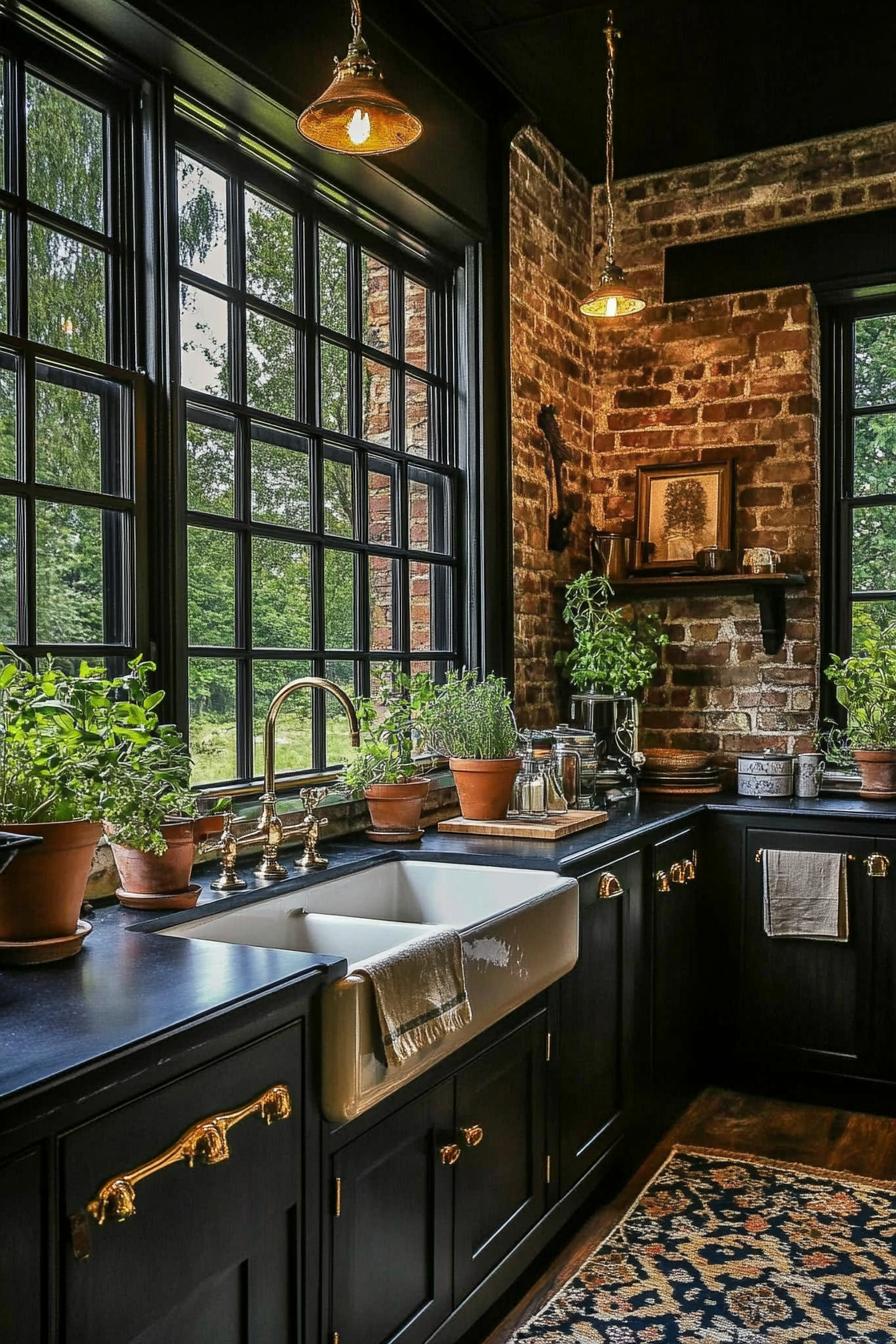 Kitchen with large windows, brick walls, and potted herbs