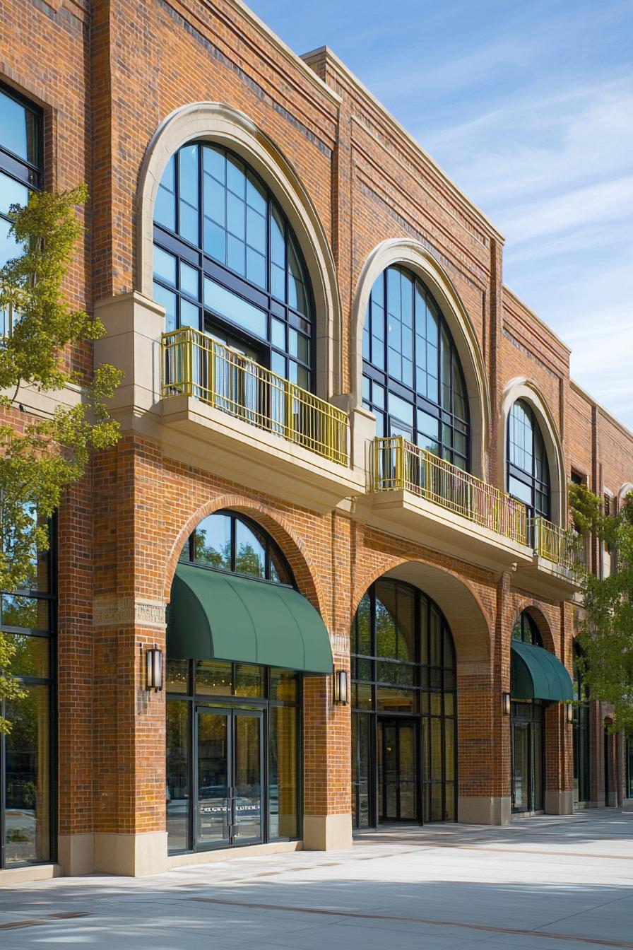 Brick building with large arched windows and green awnings