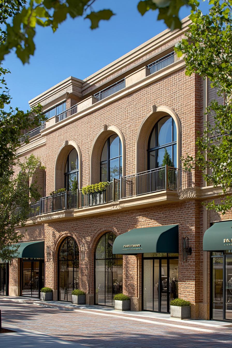 Elegant brick building with arched windows and green awnings