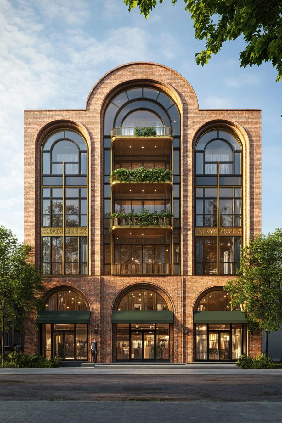 Facade with large brick arches and greenery-filled balconies