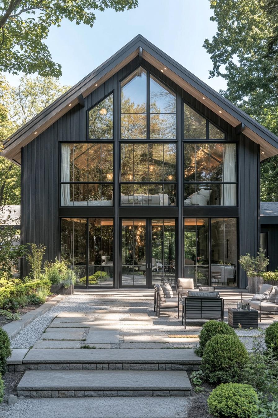 Modern house with large glass windows and garden path