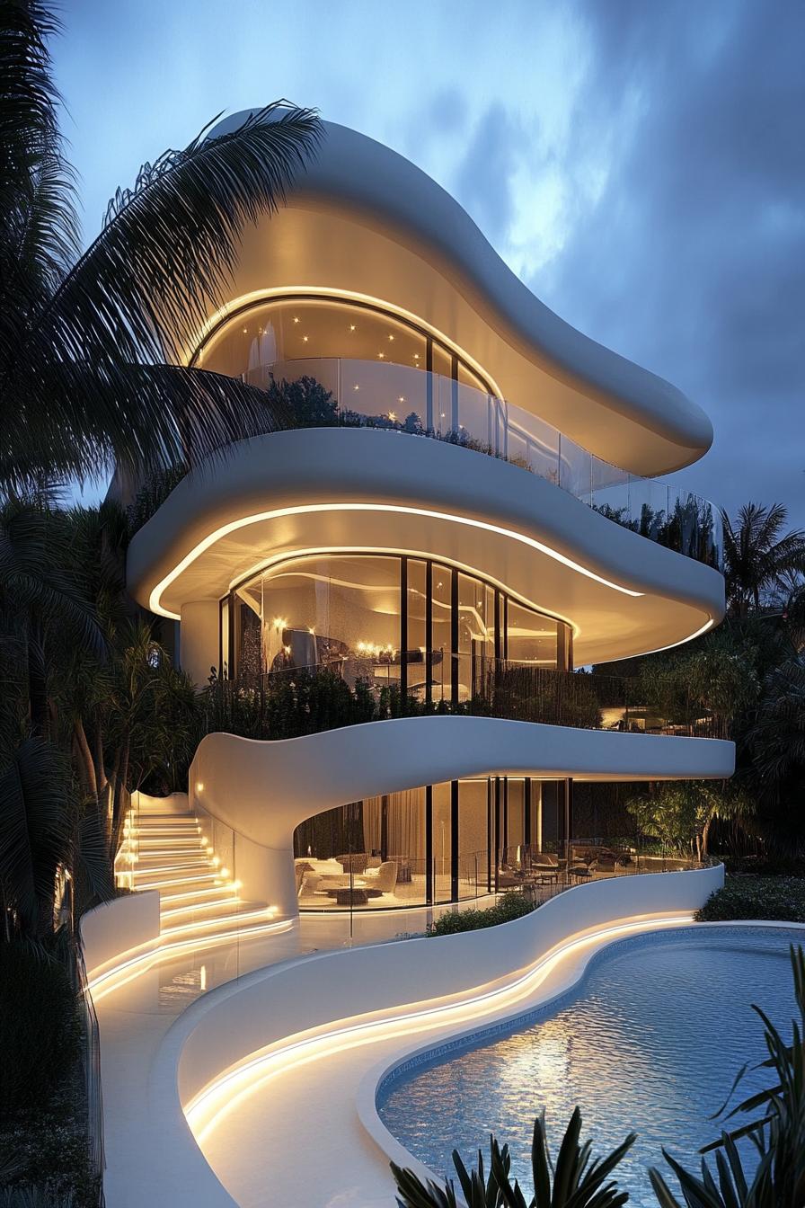 Wavy modern house with glowing lights