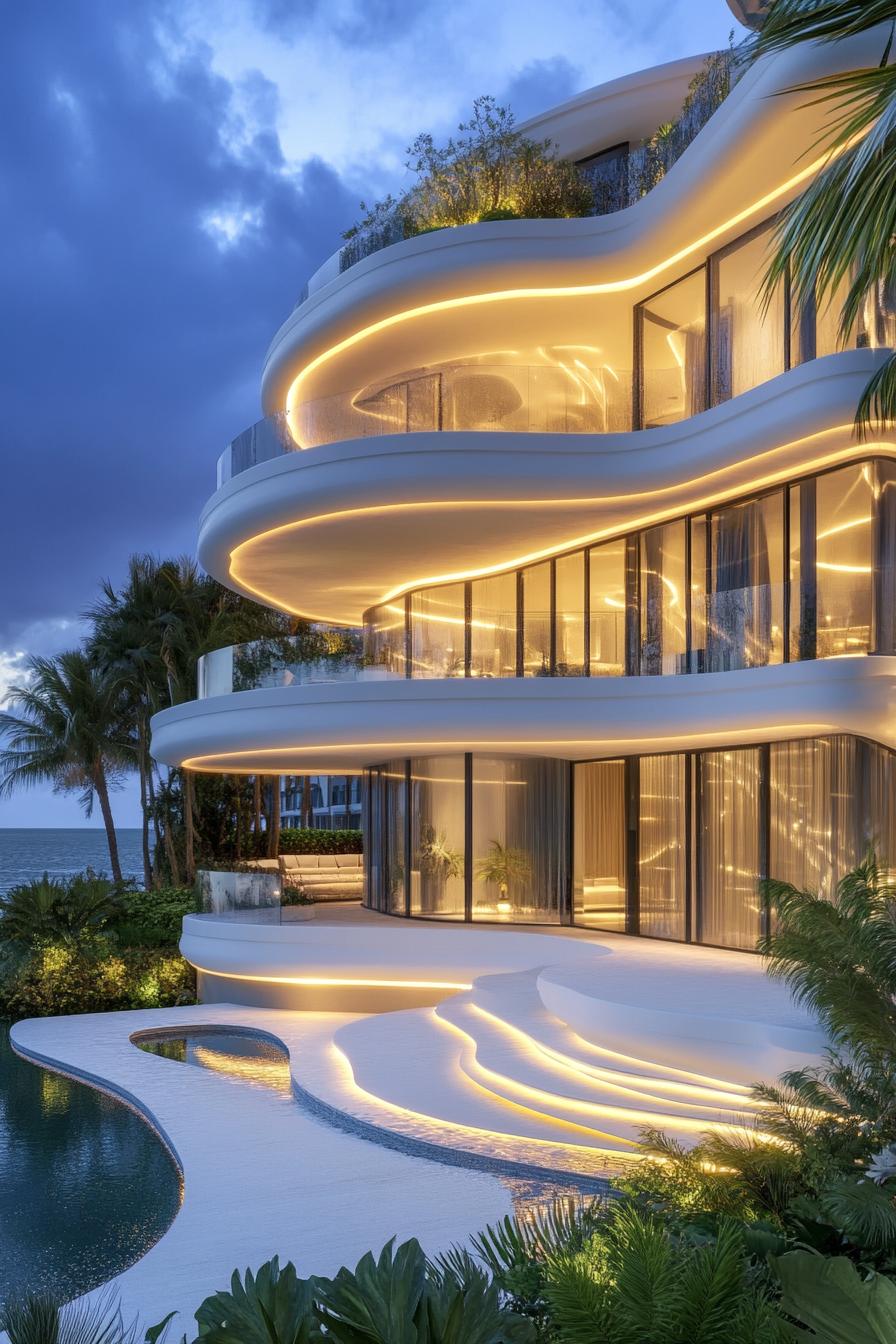 Modern architectural marvel with glowing, curved balconies