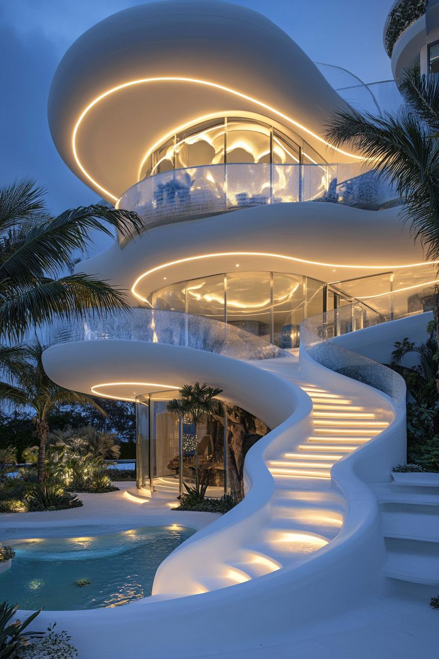 Modern house with swirling stairway lit at night