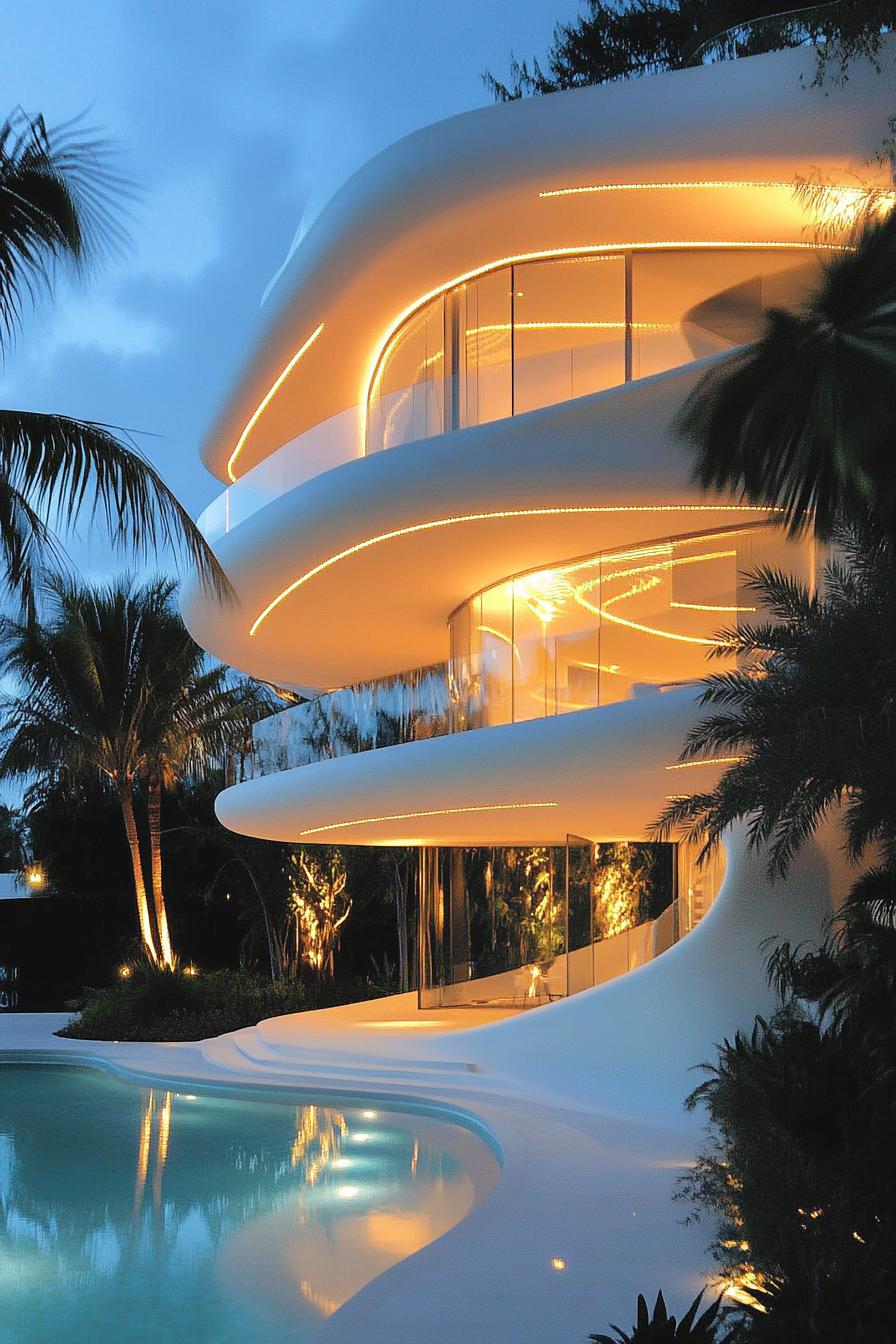 A futuristic home with curvy lines and glowing lights