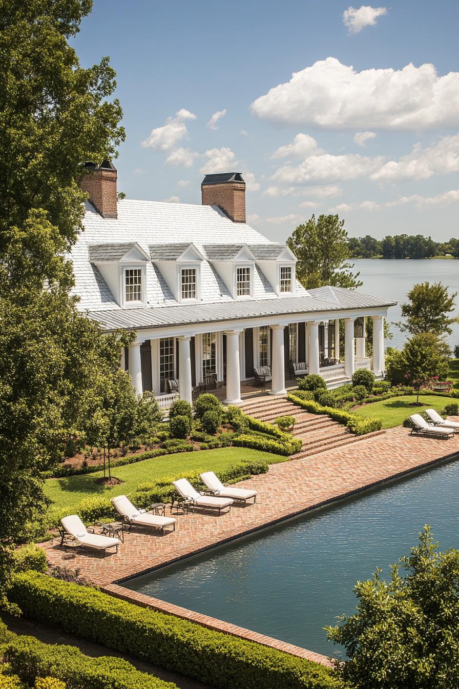 Stately house with white columns and a poolside view