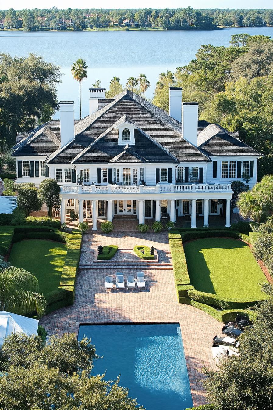 Luxurious mansion by the lake with a grand garden and pool