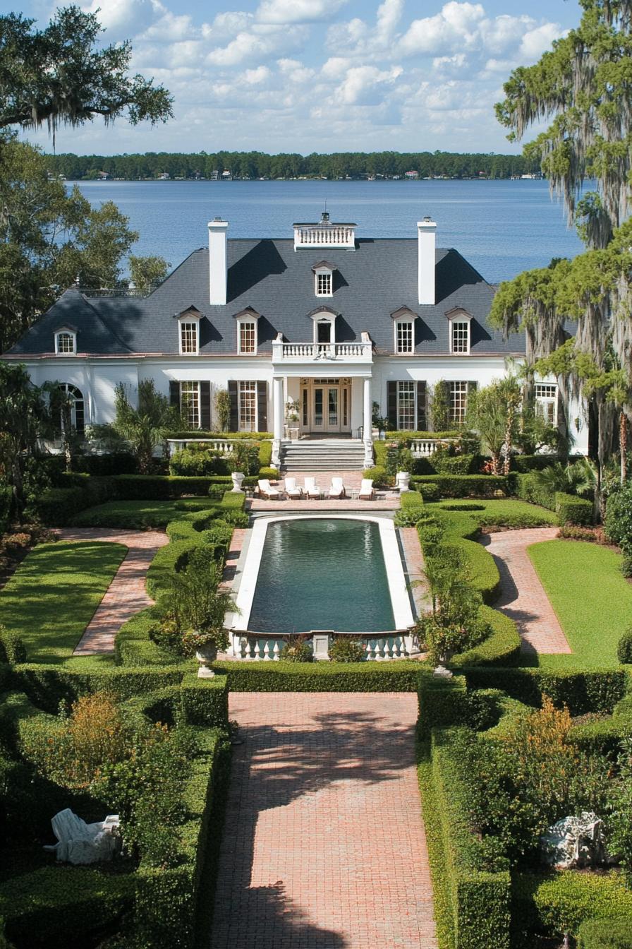 A grand house with a pool and garden by a lake