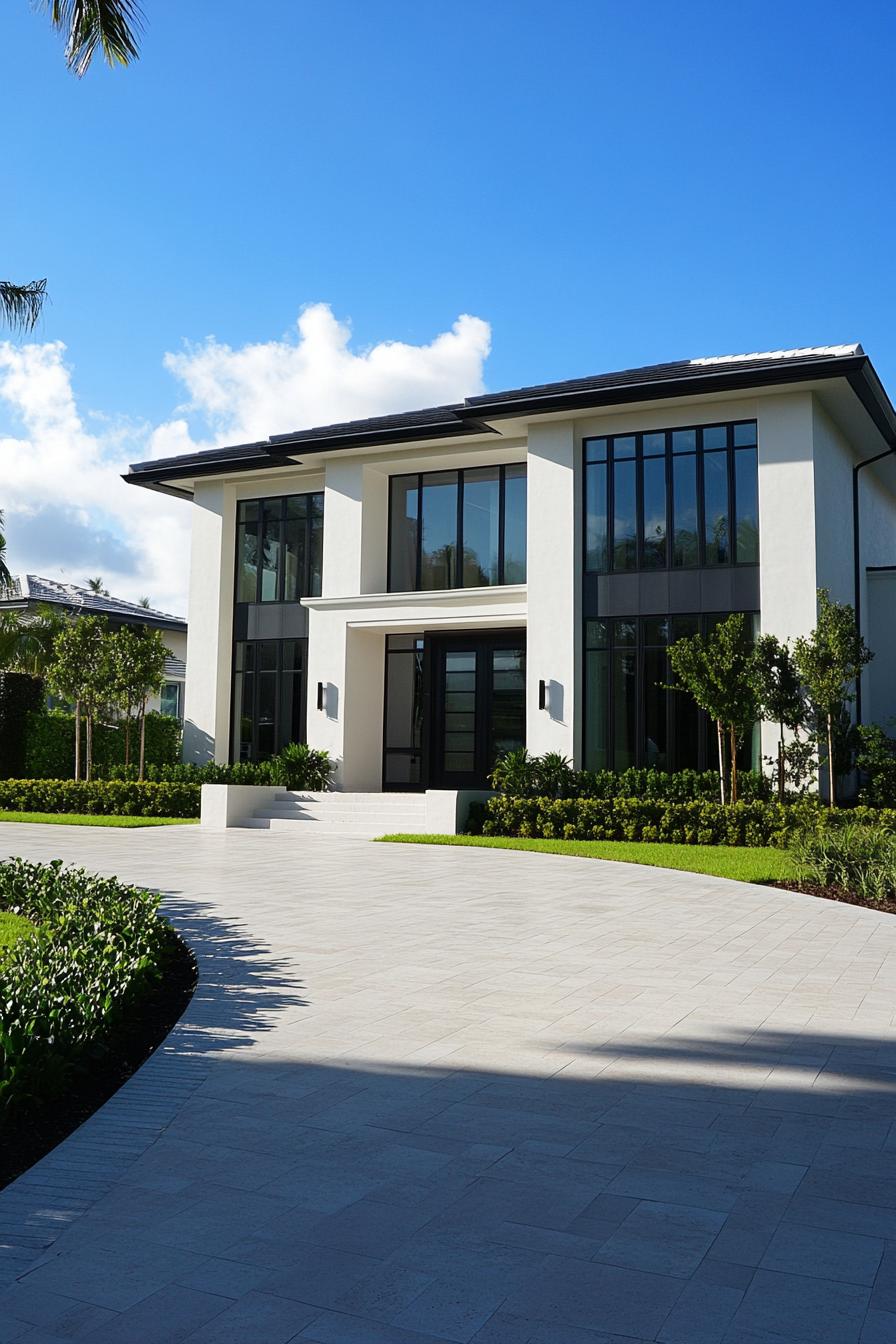 Modern house with large windows and a spacious driveway