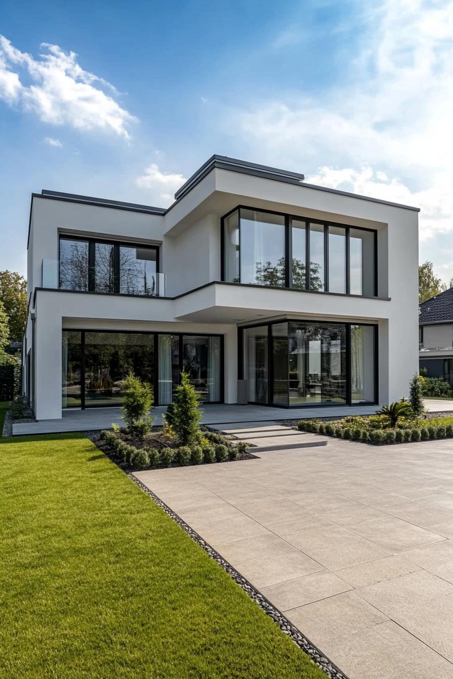 Modern house with large windows and a neat front yard