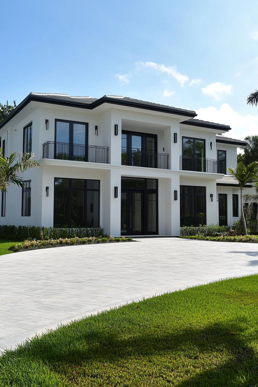 Modern white house with large windows and a lush lawn