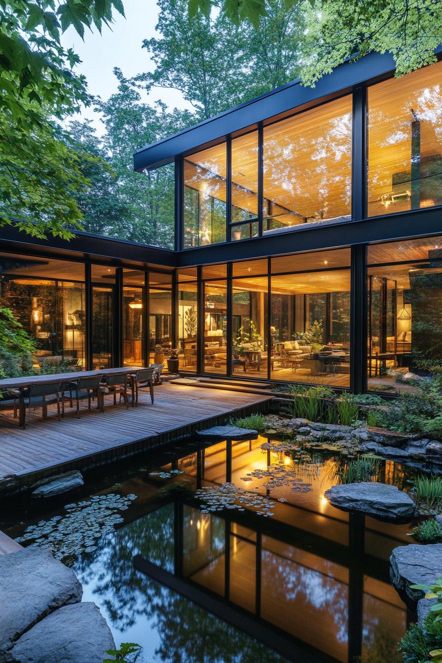 Modern house with glass walls in a forest setting