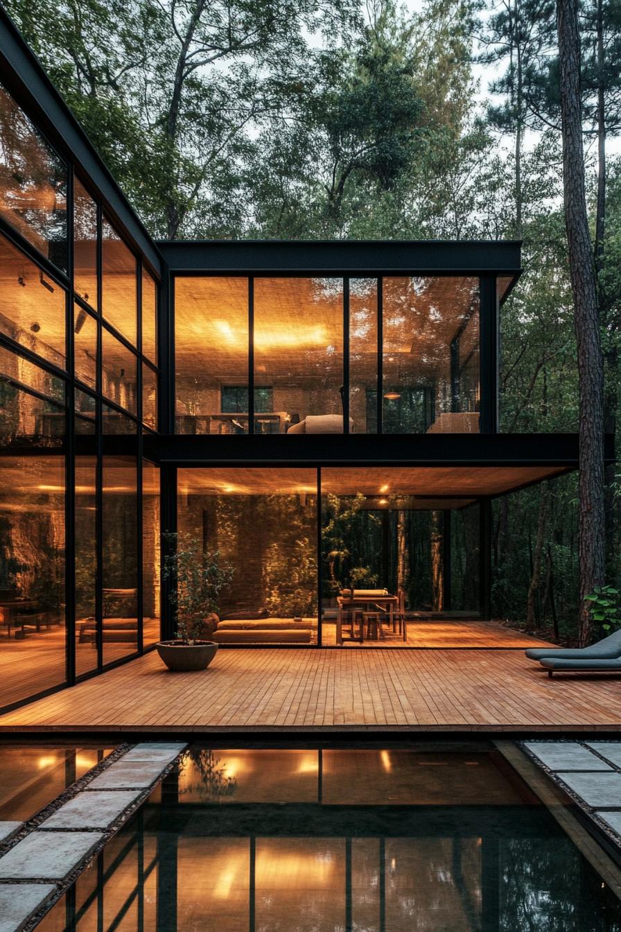 Modern glass house with warm lighting in a forest setting