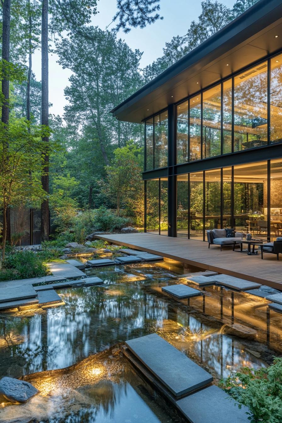 Modern house with large glass walls, surrounded by trees and a serene pond with stepping stones