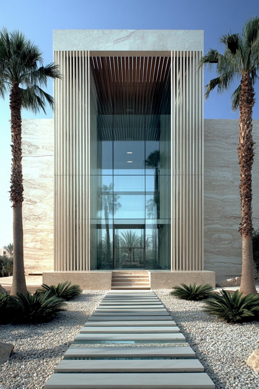 Modern house with vertical lines and glass facade amidst palm trees