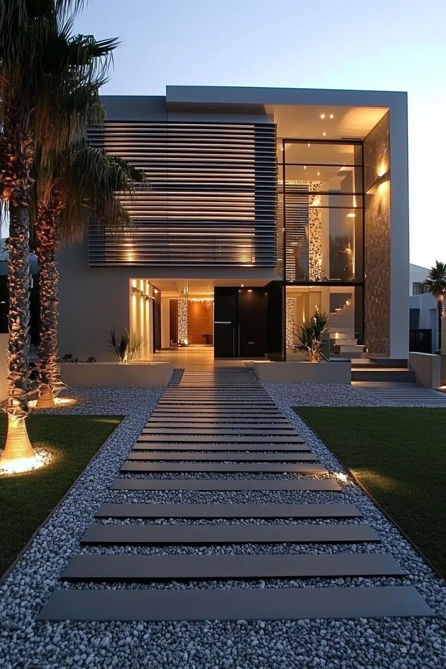 Modern house with stone pathway and glowing lights