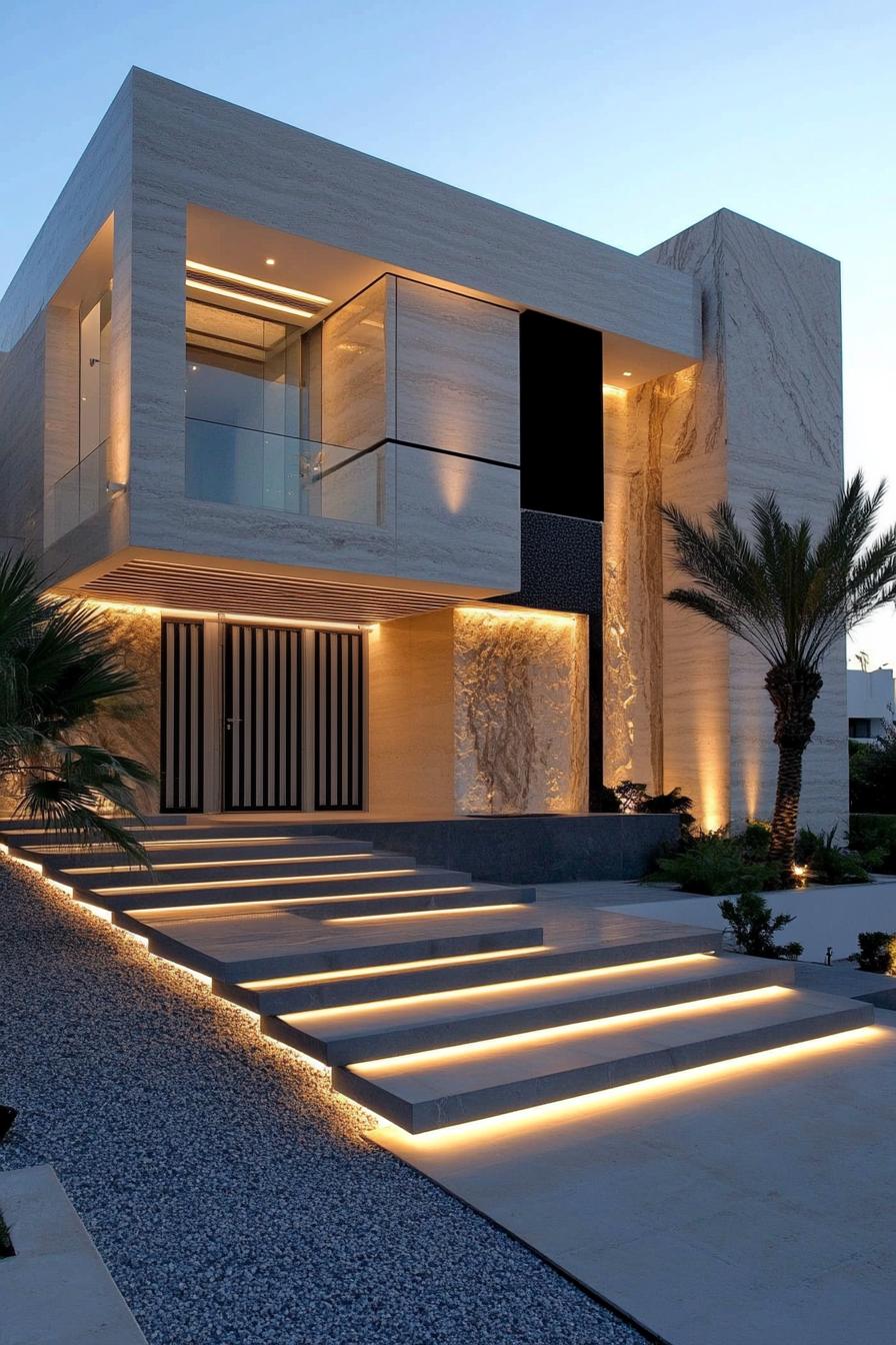 Modern house with illuminated steps and sleek design elements