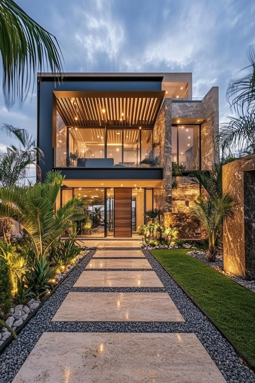 Modern house with stone facade, large glass windows, and lush greenery