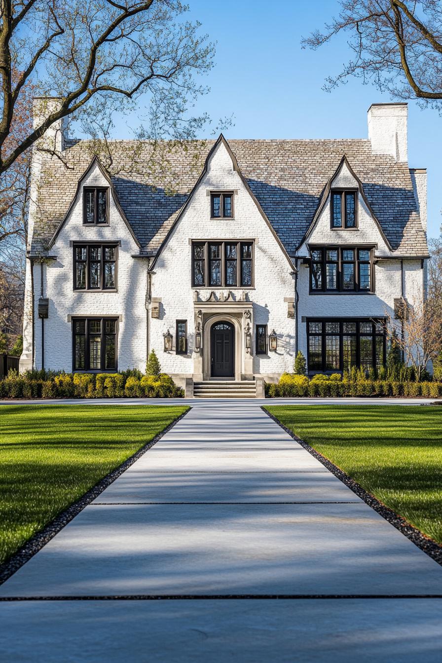 Modern Tudor house with steep gables and manicured lawn