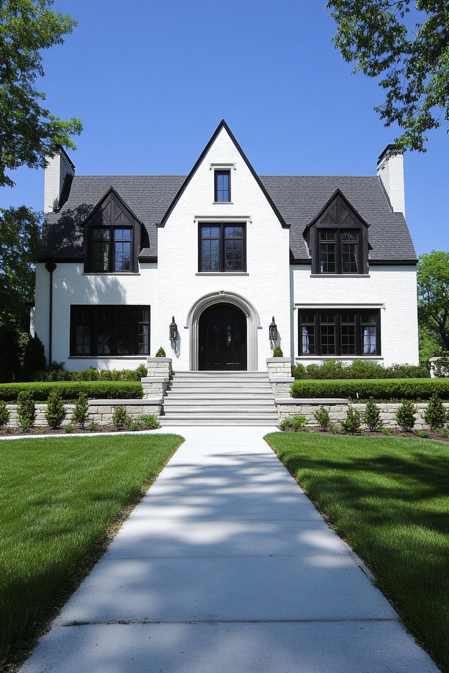 White brick Tudor house with steep gables and lush lawn