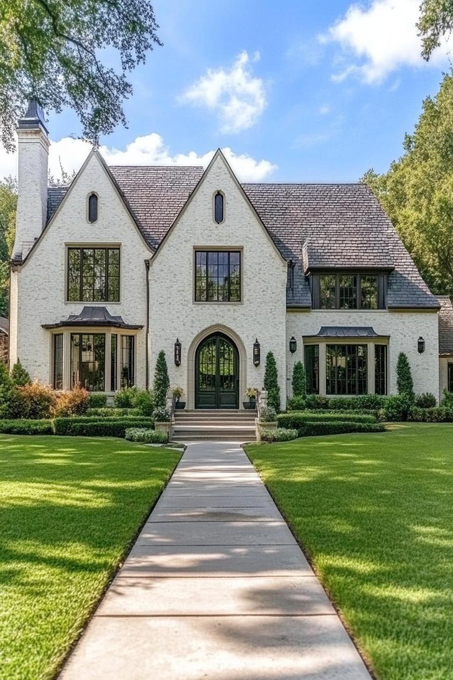 Modern Tudor house with a lush green lawn