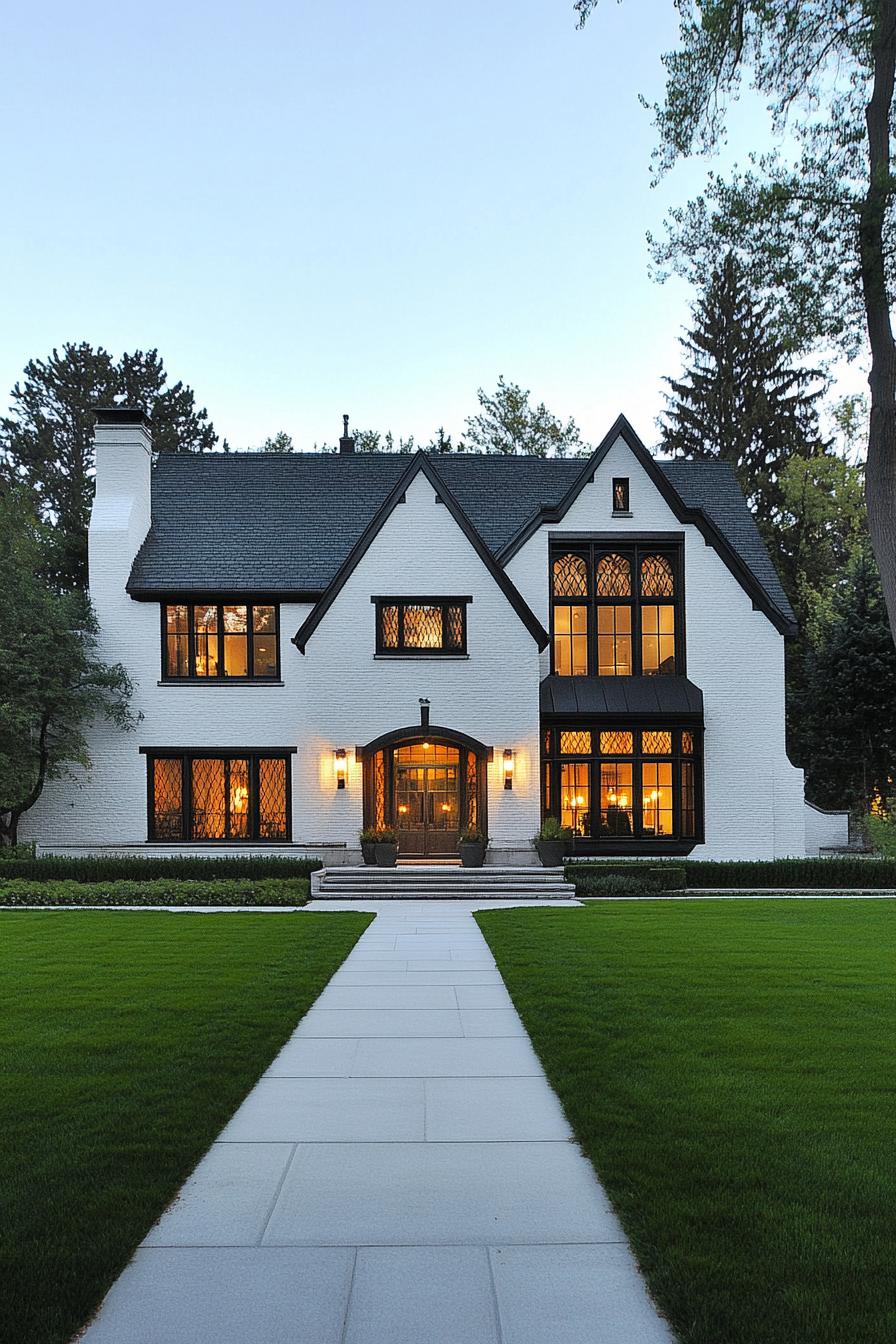 Exterior of a white-walled Tudor house with large windows and a manicured lawn