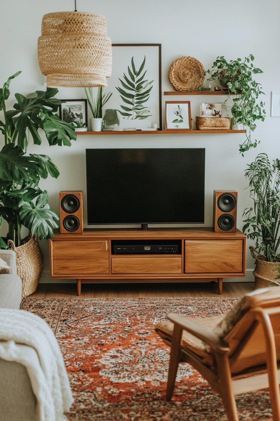 Living room with mid-century decor featuring a TV, plants, and wooden furniture