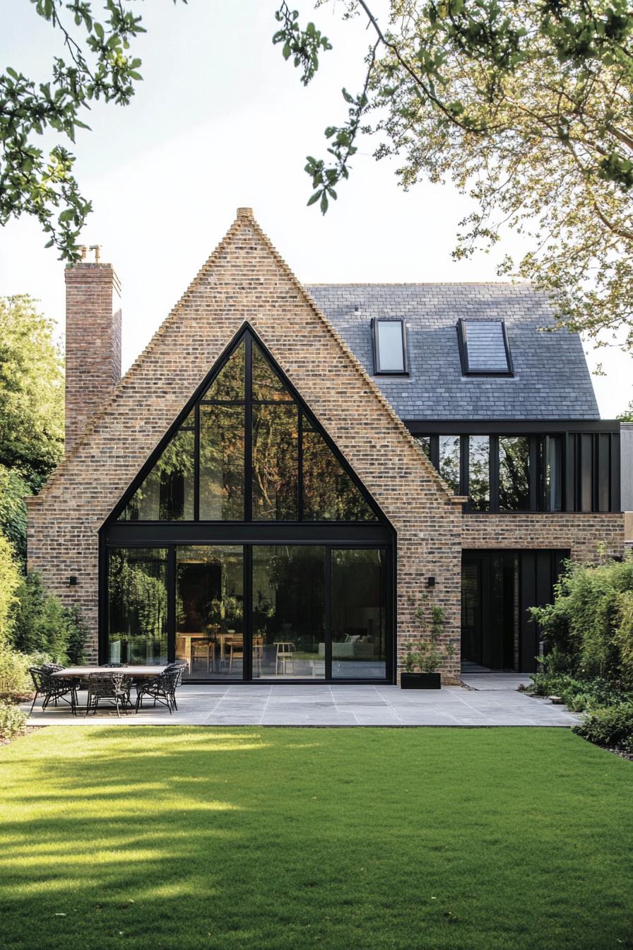 Modern brick house with large windows and lush lawn