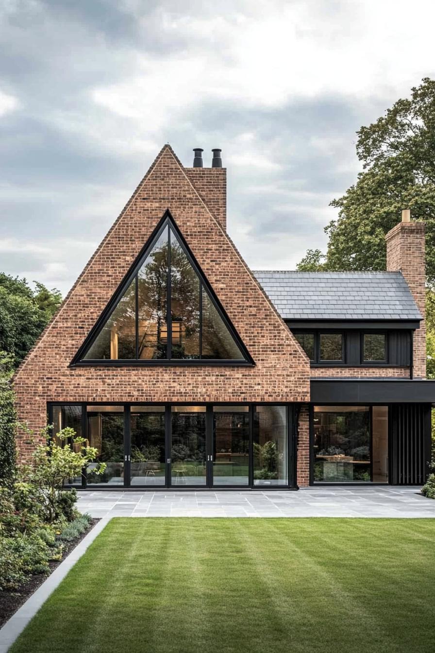 Triangular roof brick house with big windows and lawn