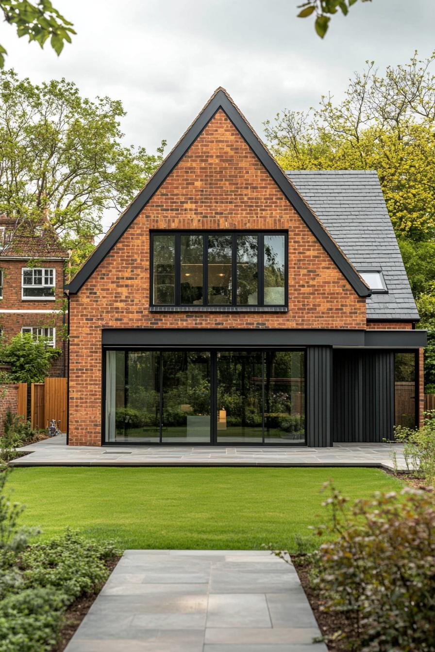 Modern brick house with large gable roof and sleek glass windows