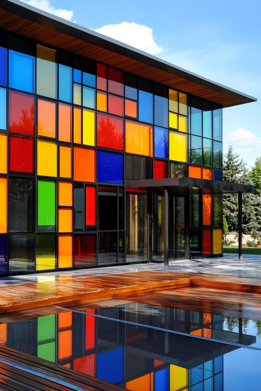 Modern house with colorful glass panels