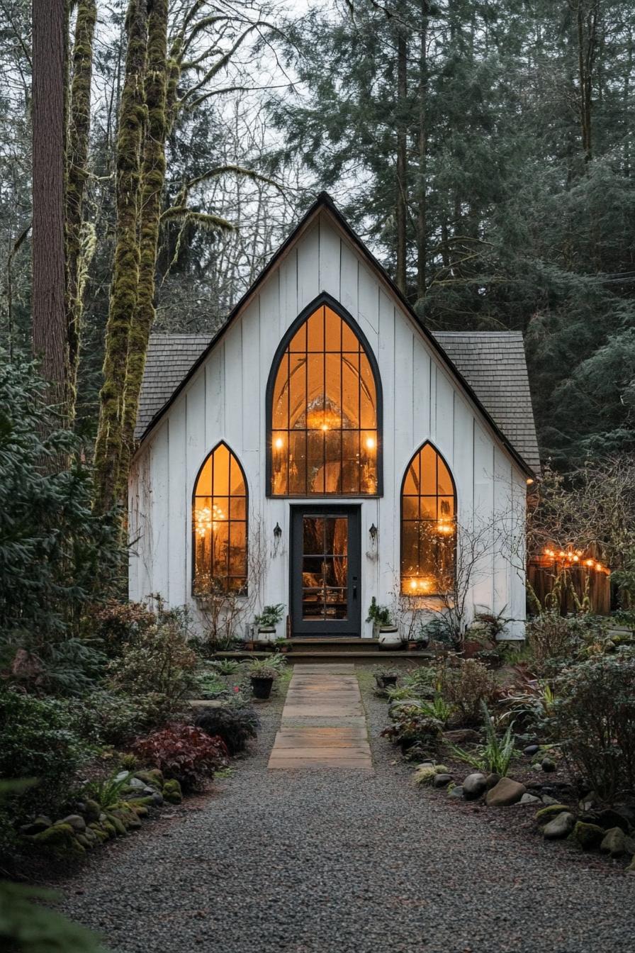 Cozy cottage with arched windows in a forest setting