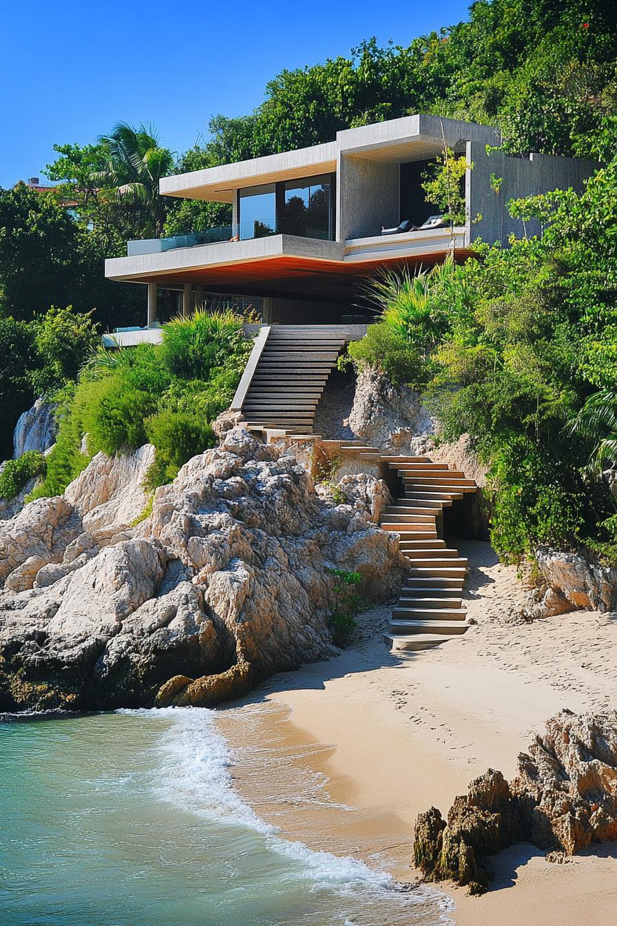 Modern coastal house on a rocky hillside with beach access