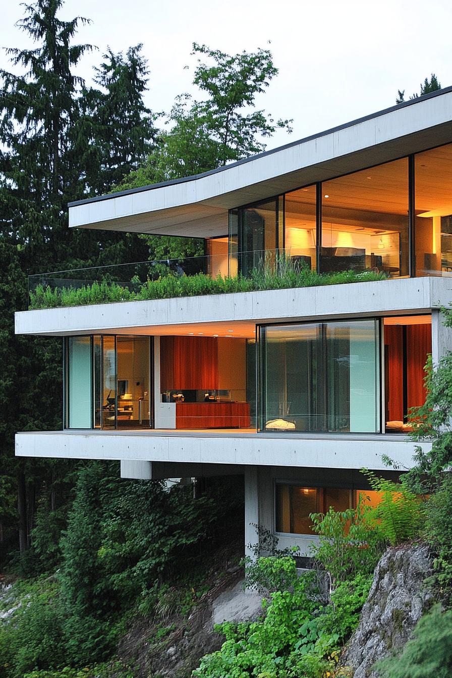 Modern house with large glass windows on a green hillside