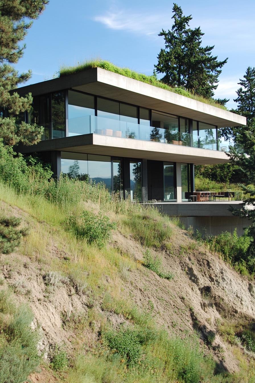 Modern hillside home with glass walls and a green rooftop