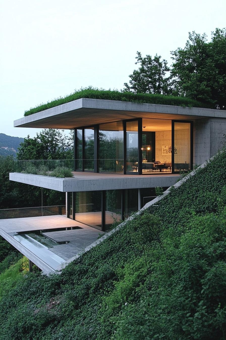 Modern glass-and-concrete house nestled on a steep hillside with lush greenery